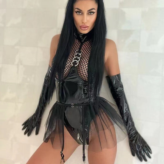 Sexy Faux Leather Patent Leather Mesh Joint Halter Sexy Lingerie Mesh Tutu Skirt Swing Garter Jumpsuit