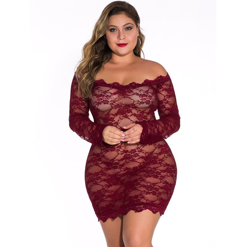 Plus Size Women  Lace See-through Long Sleeve Sexy Underwear Inner Jumpsuit
