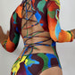 Lace up Backless Printed Long Sleeve Sunscreen Swimwear Ladies Sexy Backless Bodysuits