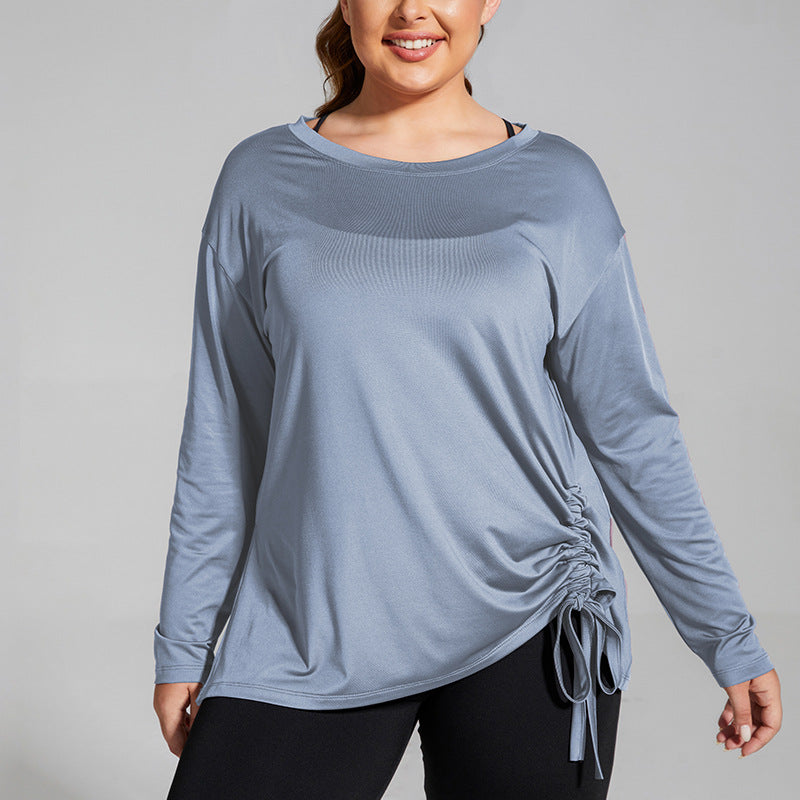 Plus Size Loose Running Fitness Clothes Cutout Blouse T shirt Long Sleeve Yoga Clothes Drawstring Quick Drying Exercise Top Ladies