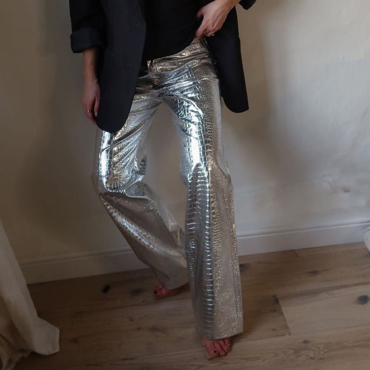 Metallic Coated Fabric Autumn Winter Silver Pants Scale Pattern High Waist Long Straight Pants for Women