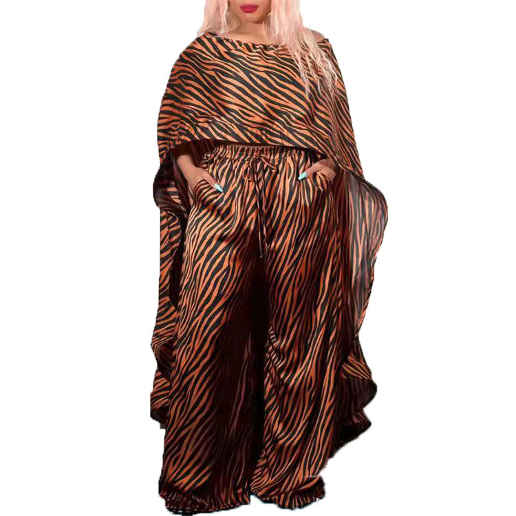Plus Size Supply  Women Street Hipster Striped Shawl Baggy Straight Trousers Suit