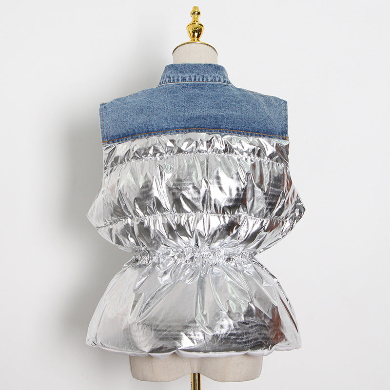 Design Denim Stitching Vest for Women Casual Waist-Tight Waistcoat Cotton Coat Jacket