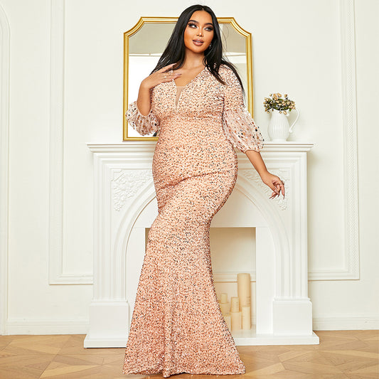 Plus Size Women Long Wedding Party Cocktail Light Luxury Sequined Dress