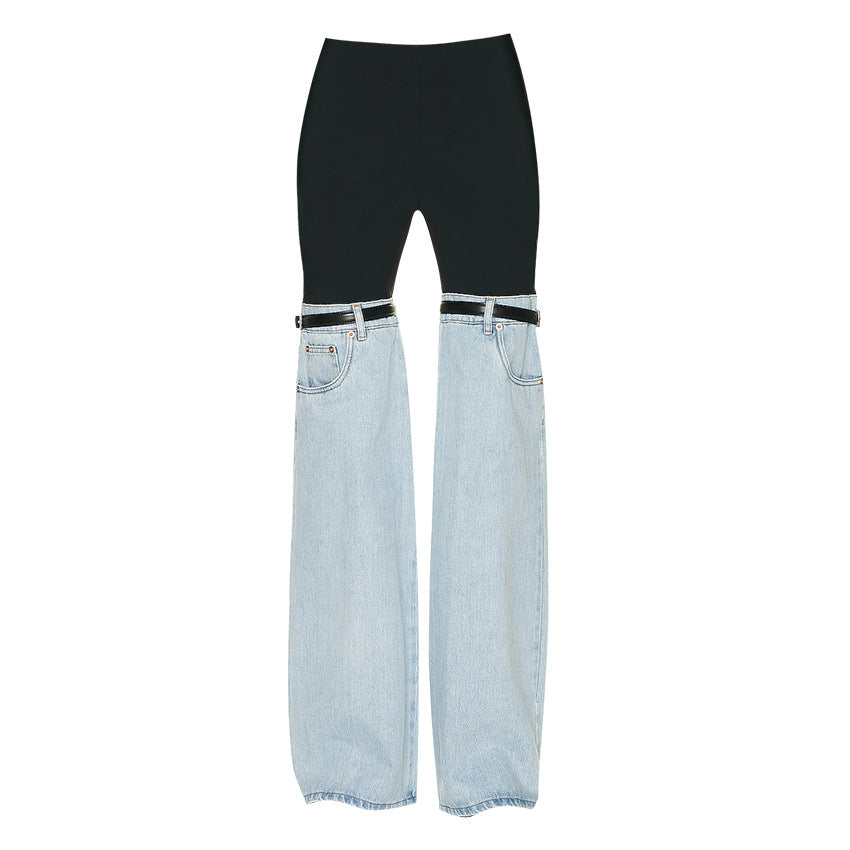 Stitching Jeans Spring High Waist Straight Wide Leg Advanced Personality Chic Pants for Women