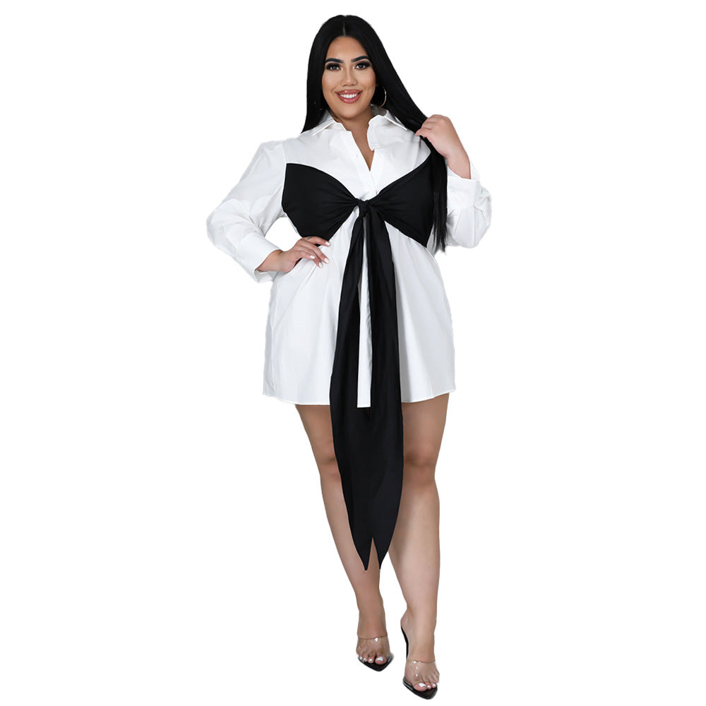 Plus Size Solid Color Stitching Lace up Loose Shirt Dress