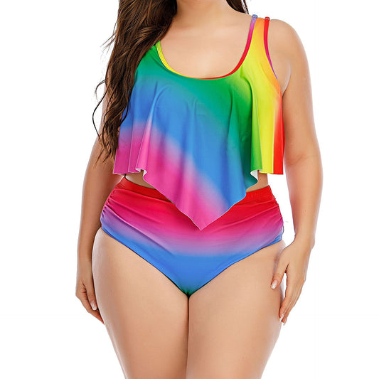 Plus Size Women Polo Split Rainbow Swimsuit