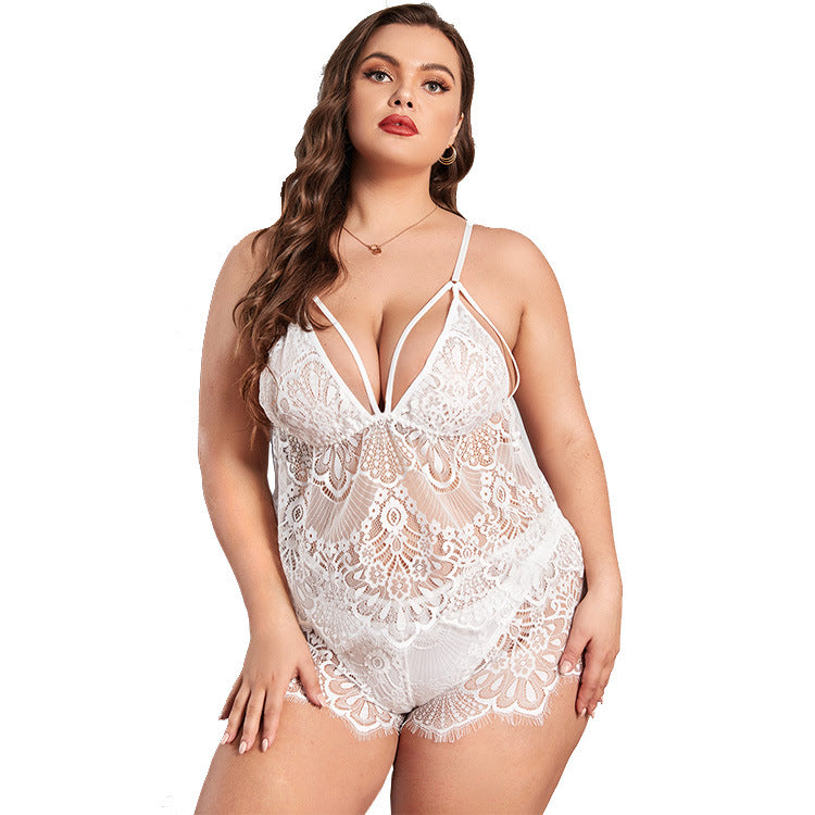 Plus Size See-through Sexy Lingerie Sexy Lace Deep V Plunge Plunge Transparent Suspender Split Backless Open Sexy Underwear