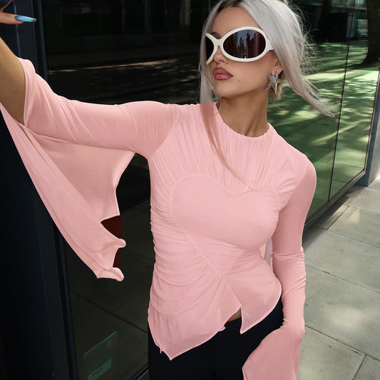 Autumn Love Pleated Long White Silk Sleeves Top Slim Fit Long Sleeve Sun Protection T shirt Women