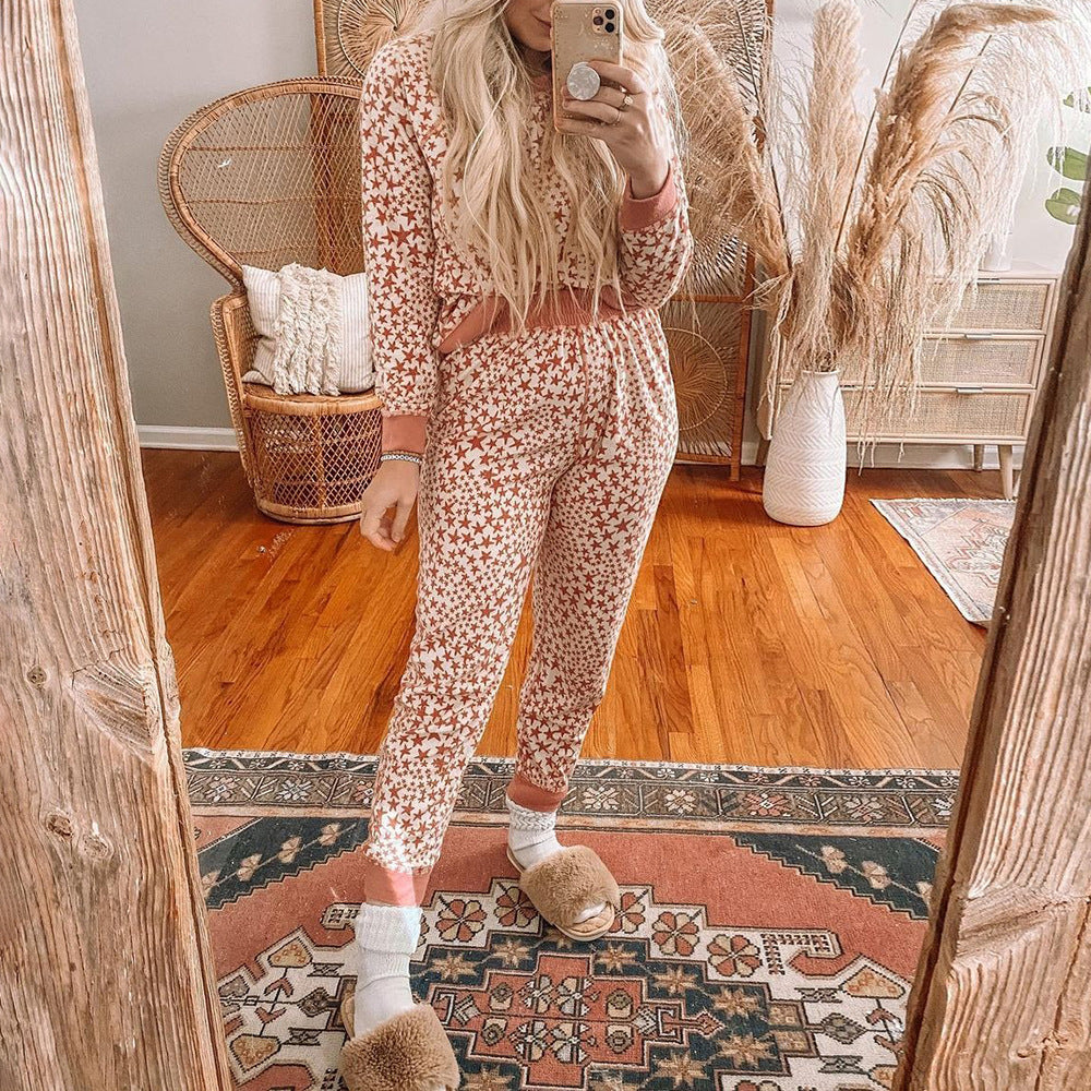 Five-Pointed Star Printed Long-Sleeved Casual Suit Pajamas Pajamas for Women Autumn Winter