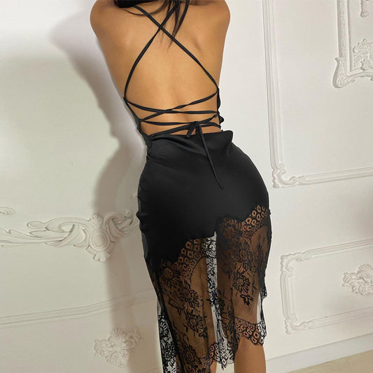 Sexy Patchwork Lace Dress Spring Lace-up Backless Dress