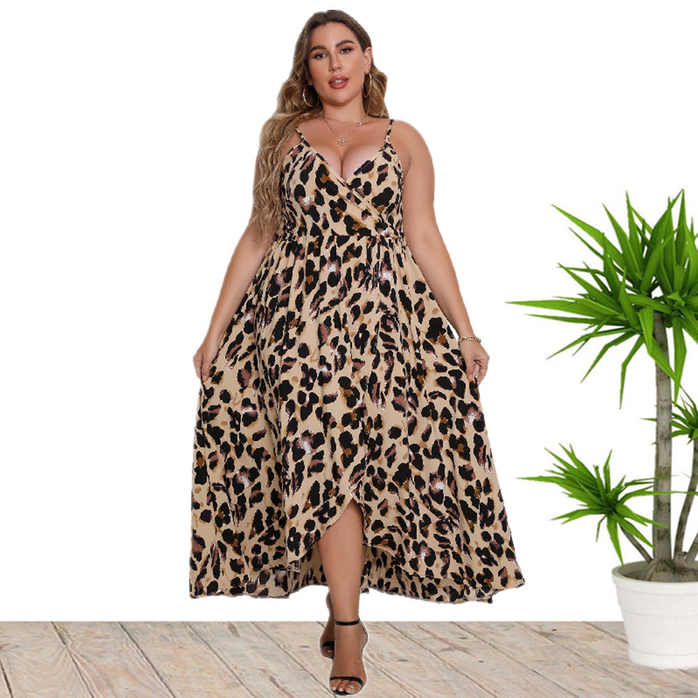 Plus Size Women Sexy V neck Strap Leopard Print Dress