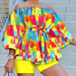 Plus Size Summer off Shoulder Printed Long Sleeve Top Solid Color Shorts Two Piece Set