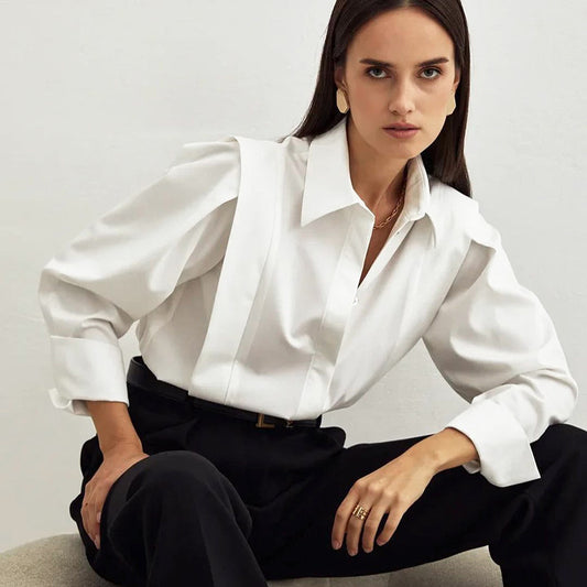 Spring New Right Angle Shoulder White Shirt Women Office Dignified Sense of Design Niche Long Sleeve Shirt