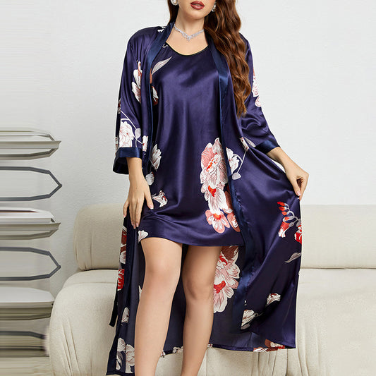 Plus Size Summer Imitated Silk Pajamas Sexy Lace Bathrobe Slip Nightdress Two Piece Women Ice Silk Nightgown
