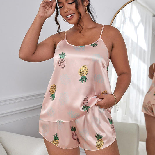 Plus Size Pajamas Cartoon Pineapple Home Wear Simple Set Casual Comfortable Home Suspender Shorts