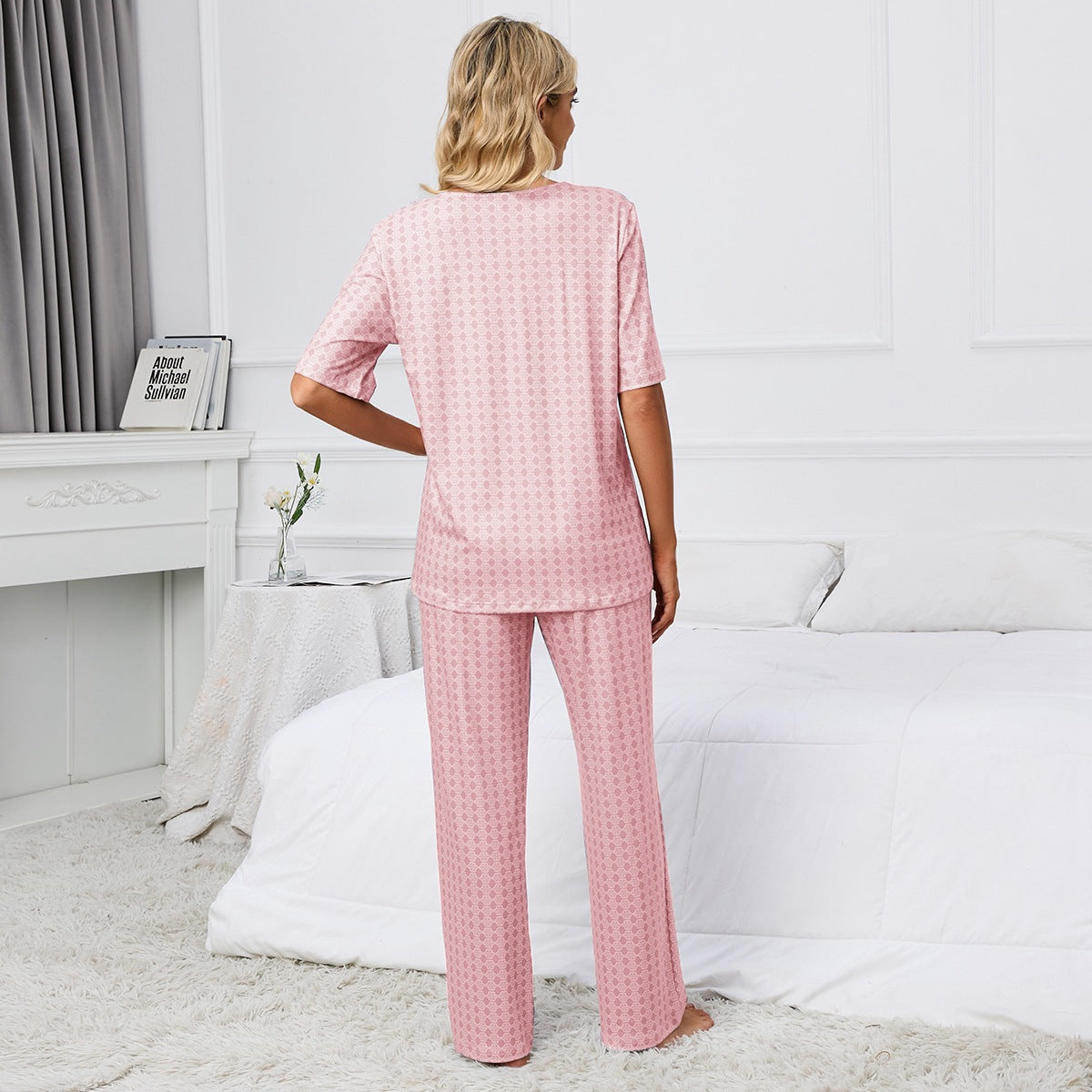Short Sleeve Round Neck Printed Top Trousers Suit Pajamas Homewear
