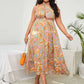 Plus Size Women Clothing Sexy Lace-up Halter Split Print Holiday Dress
