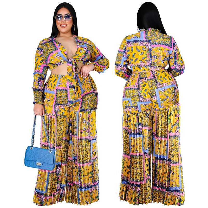 Plus Size Women Clothes  New Smocking Pleated Two-Piece Set