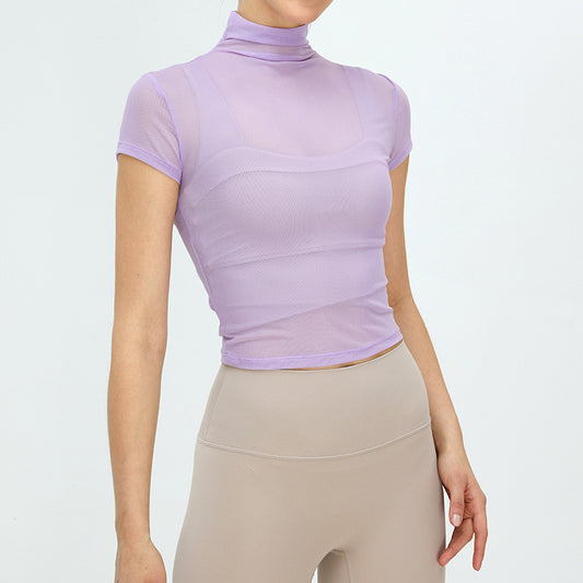 Classical Turtleneck Yoga Clothes Blouse Lightweight Quick Drying Top Mesh Breathable Short Sleeved Workout Clothes