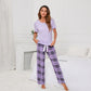 Solid Color round Neck T Printed Checks Women Casual Suit Homewear Pajamas Women