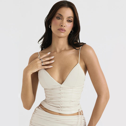Sexy Women Clothing Faux Leather Deep V Plunge Strap Vest Women Slim Fit Backless Sexy Top Women Crisscross