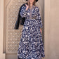 Mixed Bohemian Blue Printed Embroidered Home Waist V Neck Holiday Women Dress No Belt