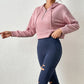 Spring Pink Waffle Hooded Half Zipper Sweater Women Sports Loose Slimming Top